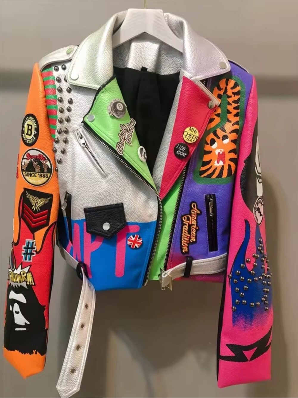 Women’s And Men Multi-Color Patchwork Leather Biker Jacket